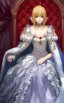  1girl artoria_pendragon_(fate) ask_(askzy) blonde_hair blue_shawl dress fate_(series) green_eyes jewelry saber_(fate) shawl sitting sitting_on_throne white_dress 