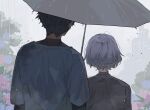  2boys black_hair dungeon_meshi facing_away flower from_behind green_shirt kabru layered_sleeves long_sleeves male_focus maratang mithrun multiple_boys muted_color rain shared_umbrella shirt short_hair short_over_long_sleeves short_sleeves umbrella white_hair white_shirt 