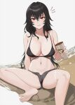  1girl barefoot bikini bikini_under_shorts black_bikini black_hair breasts cleavage closed_mouth collarbone cup hair_between_eyes highres holding holding_cup large_breasts looking_at_viewer micro_shorts navel open_fly raven_branwen red_eyes rwby shorts sitting solo spill stomach swimsuit thighs toes wangxiii wet 