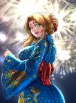  1girl alternate_costume ass blonde_hair blue_kimono breasts chin_piercing fate/grand_order fate_(series) fireworks green_eyes highres japanese_clothes kimono large_breasts long_hair obi quetzalcoatl_(fate) sash sidelocks solo zantyarz 