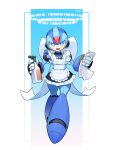  1boy absurdres android apron armor artist_name black_dress blue_armor blue_eyes blue_helmet buzzsaw_(6631455) crossdressing dress forehead_jewel frilled_apron frills full_body halor helmet highres holding maid male_focus male_maid mega_man_(series) mega_man_x_(series) ribbon solo white_apron white_ribbon x_(mega_man) 