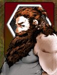  1boy bara beard beard_over_mouth belly dungeon_meshi dwarf facial_hair grey_tank_top high_ponytail inset_border kano_(kano_to10) long_beard looking_at_viewer male_focus mature_male muscular muscular_male pectorals plump senshi_(dungeon_meshi) solo tank_top thick_mustache very_long_beard wrinkled_skin 