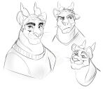  2022 among_us_eyes anthro clothed clothing cougar eyebrows felid feline ferwanwan hair horn javier_(scraphead) male mammal monochrome multiple_images shirt simple_background sketch sketch_page smile solo topwear whiskers white_background 