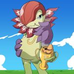 1:1 anthro armor award bandai_namco belly blue_eyes bread cute_fangs digimon digimon_(species) elemental_creature flora_fauna floramon food green_body headgear helmet jonathanchimney overweight plant smile smug trophy