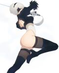  1girl 2b_(nier:automata) ass back_cutout black_blindfold black_footwear black_hairband blindfold boots breasts clothing_cutout commentary english_commentary facing_to_the_side facing_viewer feather-trimmed_sleeves foot_out_of_frame from_side hairband high_heel_boots high_heels highleg highleg_leotard highres holding holding_sword holding_weapon juliet_sleeves knee_up leotard long_sleeves medium_breasts mitsuki_nite nier:automata nier_(series) puffy_sleeves short_hair solo sword thigh_boots weapon white_background white_hair 