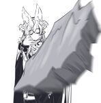  1girl absurdres animal_ears bangs closed_eyes dress eminem_throwing_a_fat_rat_(meme) extra_ears facing_viewer floating_island galleon_(granblue_fantasy) gloves granblue_fantasy greyscale highres horns long_hair meme monochrome motion_blur outstretched_arm parody pointy_ears seal_007 solo throwing 