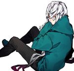  1boy 88_taho asclepius_(fate) crossed_bangs fate/grand_order fate_(series) gradient_hair green_eyes grey_hair hair_between_eyes hood hooded_jacket jacket long_hair long_sleeves looking_at_viewer male_focus multicolored_hair pants simple_background sleeves_past_fingers sleeves_past_wrists solo very_long_hair white_hair 