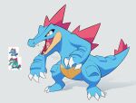  artist_name blue_skin blue_tail claws colored_skin fangs feraligatr grey_background highres honeycrud no_humans open_mouth pokemon pokemon_(creature) reference_inset simple_background slit_pupils solo yellow_eyes 
