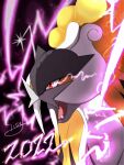  2022 absurdres commentary_request electricity energy fangs highres nengajou new_year no_humans open_mouth pokemon pokemon_(creature) raikou red_eyes sissel0104 solo tongue tusks 