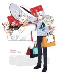  1boy 1girl bag blue_eyes bob_cut commentary_request earrings ezalia_joule flower gundam gundam_seed gundam_seed_freedom happy_mother&#039;s_day hat jewelry mother&#039;s_day mother_and_son necklace one_eye_closed open_mouth pants shirt short_hair smile ss_ii_kk sunglasses white_hair yzak_joule 