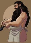  1boy apron ass back_hair bara beard belly cooking cropped_legs dungeon_meshi dwarf facial_hair from_side frying_pan hairy highres holding holding_frying_pan hornymaruorion long_beard male_focus naked_apron plump profile senshi_(dungeon_meshi) solo sparse_ass_hair standing thick_arm_hair thick_mustache thighs very_long_beard 