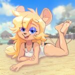  1:1 2024 anthro beach blonde_hair blue_eyes blue_eyeshadow breasts buckteeth butt clothing ela_novabay eyebrow_through_hair eyebrows eyelashes eyeshadow feet female fur hair hand_on_arm hi_res humanoid_feet inner_ear_fluff legs_up long_hair looking_at_viewer lying makeup mammal mouse murid murine on_front one-piece_swimsuit open_mouth open_smile outside plantigrade rodent siroc smile solo swimwear tan_body tan_fur teeth translucent translucent_hair tuft 
