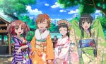  4girls academy_city arms_behind_head bangs black_hair blue_eyes blue_sky blunt_bangs blush bow brown_eyes brown_hair closed_eyes cloud collarbone day eyebrows_visible_through_hair floral_print flower fur-trimmed_kimono fur_trim game_cg green_kimono hair_bow hair_flower hair_intakes hair_ornament hand_on_hip hatsumoude head_wreath japanese_clothes kanzashi kimono layered_clothing layered_kimono long_hair looking_at_viewer misaka_mikoto multiple_girls new_year obi obijime off_shoulder official_art open_mouth orange_kimono outdoors parted_bangs pink_kimono print_kimono purple_kimono red_bow sash saten_ruiko shirai_kuroko short_hair shrine sky smile striped striped_kimono toaru_kagaku_no_railgun toaru_majutsu_no_index tree twintails uiharu_kazari v_arms wavy_hair wide_sleeves 