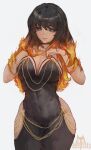  1girl artist_name bare_shoulders beeprats black_choker black_dress black_hair black_sclera blue_eyes breasts chain choker cleavage colored_sclera commentary commission covered_navel cowboy_shot dress english_commentary fiery_hair gold_chain greek_mythology hestia_(mythology) highres hip_vent large_breasts long_hair looking_at_viewer orange_hair original parted_lips simple_background smile solo standing strapless strapless_dress watermark white_background 