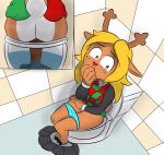  absurd_res anthro antlers bathroom blonde_hair bottomwear capreoline cervid christmas christmas_clothing christmas_sweater christmas_topwear clothed clothing deltarune digital_media_(artwork) feces female freckles hair hi_res holidays horn mammal nervous noelle_holiday notmypornaccount panties panties_around_thighs panties_down partially_clothed pooping public_restroom reindeer restroom_stall scat sitting skirt skirt_down solo sweater toilet toilet_use topwear undertale_(series) underwear underwear_down video_games 