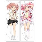  1girl bed_sheet black_skirt bow bowtie breasts closed_mouth collared_shirt commentary_request dakimakura_(medium) dress frilled_socks frills full_body gloves hair_bow hair_ribbon hand_up juliet_sleeves kaname_madoka kaname_madoka_(magical_girl) kneehighs long_sleeves looking_at_viewer lowres magical_girl mahou_shoujo_madoka_magica mitakihara_school_uniform no_shoes official_art parted_lips pink_bow pink_dress pink_eyes pink_hair pink_ribbon plaid plaid_skirt puffy_short_sleeves puffy_sleeves red_bow red_bowtie ribbon school_uniform shirt short_hair short_sleeves short_twintails skirt small_breasts smile sock_pull socks thighhighs twintails white_gloves white_socks white_thighhighs 