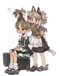  2girls ahoge animal_ear_hairband animal_ears annoyed apron artist_self-insert back_bow bag black_choker black_dress black_footwear bow brown_eyes brown_footwear brown_hair brown_nails brown_pantyhose cat_ear_hairband cat_ears cat_tail character_request choker closed_mouth dot_nose dress english_commentary fake_animal_ears flat_chest frilled_dress frills full_body girutea grid_background hair_bow hair_ornament hairband hairclip highres holding_another&#039;s_hair juliet_sleeves loafers long_hair long_sleeves looking_at_another loose_socks maid maid_apron medium_dress medium_hair multiple_girls nail_polish open_mouth original pantyhose parted_bangs petticoat puffy_sleeves shoes short_sleeves shoulder_bag signature sitting smile socks standing sweatdrop tail tareme teeth twintails two_side_up upper_teeth_only white_background white_socks white_wrist_cuffs wrist_cuffs wristlet 