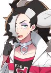  1boy biseibutu black_hair choker eyeshadow highres jacket jewelry long_hair looking_at_viewer makeup male_focus multicolored_hair piers_(pokemon) pokemon pokemon_swsh shirt solo two-tone_hair white_hair 