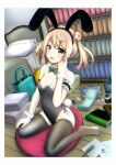  1girl alternate_costume animal_ears black_legwear black_leotard bow bowtie breasts detached_collar double_bun fake_animal_ears fake_tail green_bow green_bowtie h2_(h20000000) hair_bun highleg highleg_leotard indoors kantai_collection leotard light_brown_hair michishio_(kancolle) playboy_bunny rabbit_ears rabbit_tail short_twintails side-tie_leotard sitting small_breasts solo strapless strapless_leotard tail thighhighs twintails wariza wrist_cuffs yellow_eyes 
