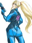  1girl ass back_muscles blonde_hair blue_eyes breasts contrapposto cowboy_shot from_behind gun hair_between_eyes hair_tie hand_on_own_hip highres holding holding_gun holding_weapon huge_breasts long_hair looking_at_viewer looking_back mattsun_(lyohei) metroid paralyzer ponytail samus_aran toned_female weapon white_background zero_suit 