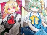  2girls ascot black_vest blonde_hair blue_dress bow daiyousei dress fairy fairy_wings green_eyes green_hair hair_bow hair_ribbon is_that_so monji_(monzi328) multiple_girls red_ascot red_eyes red_ribbon ribbon rumia short_hair side_ponytail skirt skirt_set touhou traditional_media vest wings yellow_ascot yellow_bow 