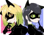  2girls animal_ears black_bodysuit black_gloves black_hair black_mask blonde_hair blue_background bodysuit braid cat_ears cat_girl gloves green_eyes lady_noir long_hair looking_at_viewer marinette_dupain-cheng miracharink0 miraculous_ladybug multiple_girls pink_background single_braid slit_pupils smile superhero_costume upper_body yellow_eyes zoe_lee 