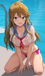  1girl baji_toufuu_(bajitohfu) bikini blue_eyes blush breasts brown_hair character_request cleavage commentary_request copyright_request highres jewelry kneeling long_hair medium_breasts navel necklace no_pants open_mouth pink_bikini poolside sailor_collar sailor_shirt shirt short_sleeves side-tie_bikini_bottom swimsuit wet wet_clothes 