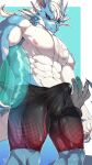  abs agnimon11803164 anthro blue_body blue_scales blush bodily_fluids bottomwear clothed clothing disembodied_hand dragon duo erection erection_under_clothing floatie genital_fluids hair hi_res hydoor lifewonders live-a-hero male muscular muscular_anthro muscular_male pecs precum precum_through_clothing scales shorts swimwear video_games wet wet_clothing white_hair 