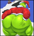  antlers big_butt blue_sky bottom_heavy bottomless bottomless_male butt butt_grab canid canine cellulite christmas christmas_clothing christmas_headwear clothed clothing costume eyebrows eyelashes feral fur green_body green_fur grinch hand_on_butt hat headgear headwear hi_res holidays horn huge_butt huge_thighs humanoid looking_back male mammal max_(the_grinch) mountain muscular muscular_male open_mouth red_eyes santa_costume santa_hat sky sled snow solo soulman1 text thick_eyebrows thick_eyelashes thick_thighs yellow_sclera 