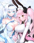  2girls animal_ear_fluff animal_ears argyle_cutout bare_shoulders black_bow blue_bow blue_eyes blue_ribbon blush bow breasts cat_ears cat_girl cleavage clothing_cutout collared_shirt corset detached_collar detached_sleeves dobrynya_nikitich_(fate) dobrynya_nikitich_(second_ascension)_(fate) dress dress_shirt fate/grand_order fate_(series) fox_tail fur_trim glasses hair_between_eyes hair_bow hairband hazuki-a highres koyanskaya_(assassin)_(second_ascension)_(fate) koyanskaya_(fate) large_breasts long_hair long_sleeves low_ponytail multiple_girls navel pantyhose pink_hair rabbit_ears ribbon shirt short_dress sidelocks tail tamamo_(fate) twintails underbust white_dress white_hair white_pantyhose white_shirt yellow_eyes 