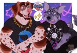  2022 abstract_background anthro brown_body brown_fur canid canine canis chain_necklace clothed clothing collar domestic_dog duo eye_contact eyelashes female ferwanwan fur garchomp generation_4_pokemon grey_body grey_fur hi_res jewelry looking_at_another male mammal markings moon necklace nintendo nintendo_switch open_mouth open_smile pictographics pokemon pokemon_(species) print_clothing print_shirt print_topwear shirt smile sparkles speech_bubble thought_bubble topwear 