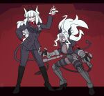  2girls arm_up armband black_horns black_necktie black_suit boots breasts business_suit clawed_gauntlets claws dark_skin demon_horns demon_tail evil_grin evil_smile gauntlets gloves grin hand_on_own_hip helltaker high_heel_boots high_heels highres horns inverted_pentagram jacket judgement_(helltaker) kamuify large_breasts long_hair looking_at_viewer lucifer_(helltaker) multiple_girls necktie pentagram red_armband red_background red_eyes red_undershirt smile suit suit_jacket tail thigh_strap white_eyes white_gloves white_hair white_horns 