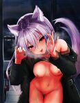  1girl alumi_cup animal_ears black_jacket blush breasts breath censored clothes_lift exhibitionism female_pervert fox_ears fox_girl fox_tail highres jacket long_hair looking_at_viewer medium_breasts mosaic_censoring nipples original pervert public_indecency purple_hair purple_tail pussy pussy_juice red_eyes smile solo sweat sweater sweater_lift tail tongue 
