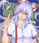  1girl absurdres bow collarbone fujiwara_no_mokou hat hat_bow highres long_hair long_sleeves matsuri_kyuuta one_eye_closed puffy_long_sleeves puffy_sleeves red_eyes shirt smile smoking solo touhou traditional_media upper_body white_hair white_shirt 