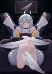  armpits barefoot bdsm black_background blue_eyes blush bondage bound bound_arms feathers highres juzi_(orange8619) motion_lines restrained silenus_(soul_tide) smile soles soul_tide stationary_restraints tickling tickling_feet toes trembling white_feathers white_hair wide_sleeves 