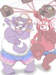  2024 ailurid alp_(tas) anthro bear belly blush bottomwear camera clothing duo electronics eyes_closed giant_panda hat headgear headphones headwear kemono lifewonders male mammal moobs musical_note navel open_mouth oresamaookami overweight overweight_male purple_body red_body red_panda shorts swimwear tokyo_afterschool_summoners white_body zhurong_(tas) 