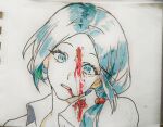  1girl absurdres blood blood_from_mouth blood_on_clothes blood_on_face blue_eyes blue_hair chinese_commentary commentary_request enomoto_noa gunshot_wound hair_bobbles hair_ornament highres looking_at_viewer marker_(medium) portrait qi_ji_p saibou_shinkyoku shirt side_ponytail solo traditional_media white_background white_shirt 
