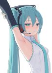  1girl armpits arms_up black_sleeves blue_nails blue_necktie detached_sleeves expressionless funakinuta hatsune_miku headset highres long_hair looking_at_viewer necktie shirt sleeveless sleeveless_shirt solo very_long_hair vocaloid white_shirt 