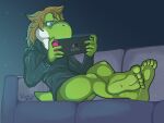 2024 5_toes anthro bottomless bottomless_male brown_hair clothed clothing dark_room feet foot_focus furniture gaming geoff_(yoshi) glowing green_body green_scales green_yoshi hair handheld_console hi_res hoodie male mario_bros nintendo nintendo_switch scales sitting sofa solo tail toes topwear vinzin_(artist) white_body white_scales yoshi
