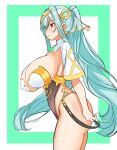  1girl aqua_hair arms_at_sides border breasts cowboy_shot epic_seven expressionless from_side gold_trim hair_between_eyes hair_intakes hair_ornament highres huge_breasts leaning_forward leotard long_hair outside_border parted_lips red_eyes rein_(rafael_3682) revealing_clothes roana_(epic_seven) solo thighs twintails very_long_hair 
