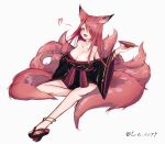  1girl :d absurdres animal_ears breasts cleavage cup earrings esto_0079 facepaint fox_ears fox_girl fox_tail geta heart highres holding holding_cup japanese_clothes jewelry kimono kitsune kyuubi large_breasts long_hair looking_at_viewer multiple_tails open_mouth original pink_hair sakazuki signature slit_pupils smile tail tengu-geta white_background yellow_eyes 