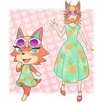  1girl animal_crossing animal_ears audie_(animal_crossing) biseibutu blonde_hair blue_eyes blush breasts dual_persona eyewear_on_head furry furry_female humanization looking_at_viewer open_mouth personification smile sunglasses tail wolf_ears wolf_girl wolf_tail 