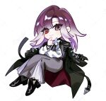  1girl black_coat black_footwear closed_mouth coat coat_on_shoulders commentary_request flower full_body gradient_hair grey_skirt heterochromia highres isakuu long_hair long_sleeves looking_at_viewer multicolored_hair path_to_nowhere purple_eyes purple_hair red_eyes shalom_(path_to_nowhere) shirt simple_background skirt smile solo white_background white_flower white_hair white_shirt 