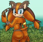  anthro badger bikini blue_eyes boomerang bottomwear butt clothing digital_media_(artwork) female fur hi_res holding_object looking_at_viewer looking_back mammal millowdoe mustelid musteline panties plant rear_view sega smile solo sonic_boom sonic_the_hedgehog_(series) sticks_the_jungle_badger swimwear tail topwear underwear 