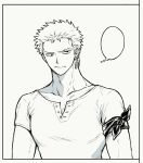  1boy arms_at_sides bandana_around_arm blank_speech_bubble closed_mouth collarbone earrings greyscale jewelry male_focus monochrome one_piece roronoa_zoro short_hair short_sleeves solo speech_bubble thought_bubble tong_noe unamused upper_body 