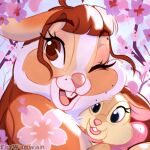  1:1 2022 ahoge anthro bambi_(film) bangs brown_eyes brown_hair buckteeth cherry_blossom disney eyebrows eyelashes female fer_(ferwanwan) ferwanwan hair holding_object holding_plushie icon inanimate_object lagomorph leporid mammal markings miss_bunny mole_(marking) one_eye_closed open_mouth open_smile pink_nose plant plushie rabbit smile solo teeth wink 