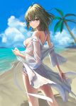  1girl bare_back bare_shoulders beach bikini blue_eyes blush breasts green_eyes green_hair heterochromia highres idolmaster idolmaster_cinderella_girls looking_at_viewer medium_breasts mole mole_under_eye nyome991 open_mouth see-through see-through_shirt shirt short_hair side-tie_bikini_bottom smile solo swimsuit takagaki_kaede white_bikini white_shirt 