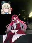  2girls baobhan_sith_(fate) baobhan_sith_(first_ascension)_(fate) bare_shoulders blush boots breasts close-up closed_eyes crossed_legs detached_sleeves dress drum drum_set earrings fan_screaming_at_madison_beer_(meme) fate/grand_order fate_(series) frilled_dress frills grey_eyes hair_ornament hair_ribbon hand_up highres holding holding_microphone inset instrument jewelry kawairuka_ko long_hair meme microphone morgan_le_fay_(fate) mother_and_daughter multiple_girls one_eye_closed open_mouth photo_background pink_hair pointy_ears red_dress ribbon sidelocks sitting smile thigh_boots thumbs_up white_hair 