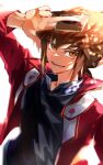  1boy blue_shirt blurry bokeh brown_hair deba247_ygo depth_of_field hair_between_eyes highres jacket long_sleeves looking_at_viewer male_focus open_clothes open_jacket open_mouth orange_eyes red_jacket shirt smile solo teeth yu-gi-oh! yu-gi-oh!_gx yuki_judai 