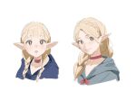  1girl blonde_hair blue_coat blunt_bangs braid choker coat commentary cropped_shoulders dungeon_meshi elf green_eyes hair_over_shoulder highres light_blush looking_at_viewer marcille_donato multiple_views open_mouth pointy_ears red_choker simple_background smile twintails white_background yi_shin_jian 